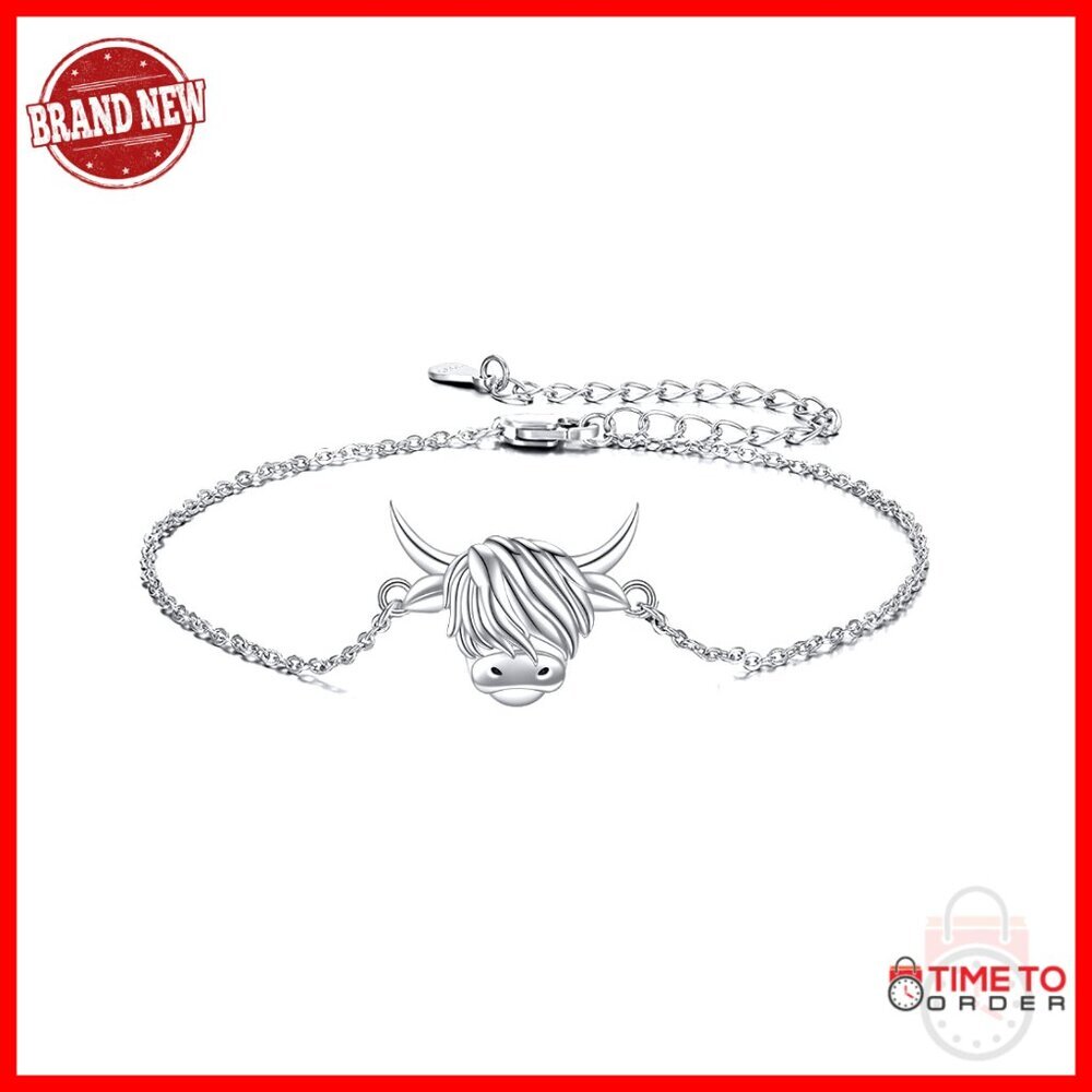 Sterling Silver Highland Cow Bracelet Scottish Jewelry Link Chain Gift